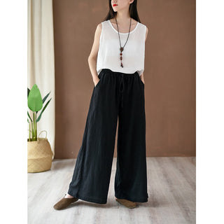 Buddha Gift Loose Cotton Linen Drawstring Wide Leg Pants With Pockets