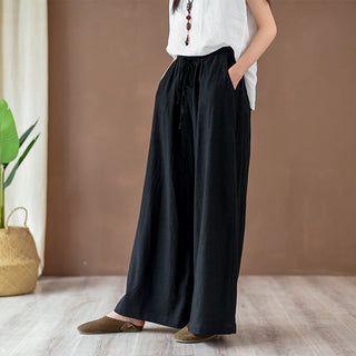 Buddha Gift Loose Cotton Linen Drawstring Wide Leg Pants With Pockets