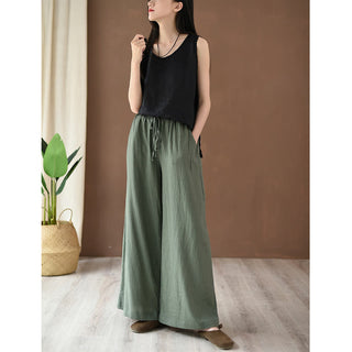 Buddha Gift Loose Cotton Linen Drawstring Wide Leg Pants With Pockets