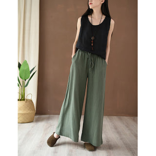 Buddha Gift Loose Cotton Linen Drawstring Wide Leg Pants With Pockets