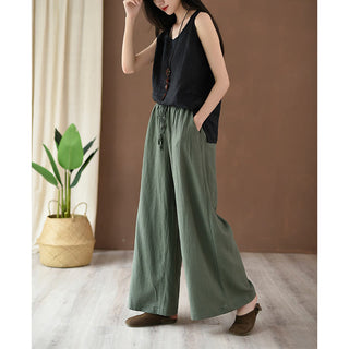 Buddha Gift Loose Cotton Linen Drawstring Wide Leg Pants With Pockets