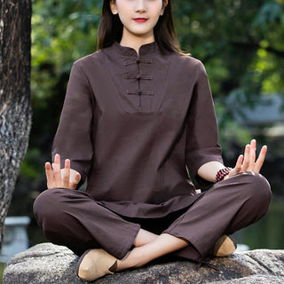 Buddha Gift 2Pcs Half Sleeve Shirt Top Pants Meditation Zen Tai Chi Cotton Linen Clothing Women's Set