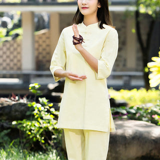 Buddha Gift 2Pcs Half Sleeve Shirt Top Pants Meditation Zen Tai Chi Cotton Linen Clothing Women's Set