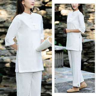 Buddha Gift 2Pcs Half Sleeve Shirt Top Pants Meditation Zen Tai Chi Cotton Linen Clothing Women's Set