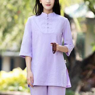 Buddha Gift 2Pcs Half Sleeve Shirt Top Pants Meditation Zen Tai Chi Cotton Linen Clothing Women's Set