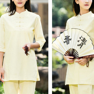 Buddha Gift 2Pcs Half Sleeve Shirt Top Pants Meditation Zen Tai Chi Cotton Linen Clothing Women's Set