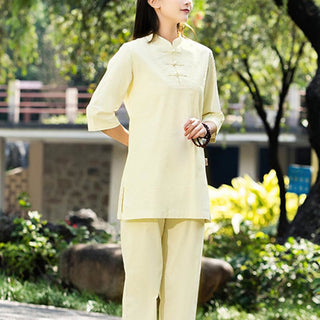 Buddha Gift 2Pcs Half Sleeve Shirt Top Pants Meditation Zen Tai Chi Cotton Linen Clothing Women's Set