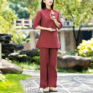 Buddha Gift 2Pcs Half Sleeve Shirt Top Pants Meditation Zen Tai Chi Cotton Linen Clothing Women's Set