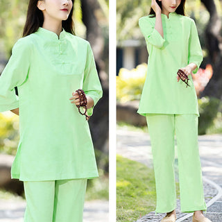 Buddha Gift 2Pcs Half Sleeve Shirt Top Pants Meditation Zen Tai Chi Cotton Linen Clothing Women's Set