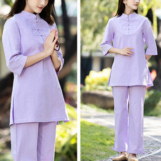 Buddha Gift 2Pcs Half Sleeve Shirt Top Pants Meditation Zen Tai Chi Cotton Linen Clothing Women's Set
