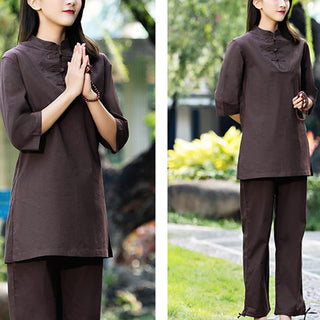 Buddha Gift 2Pcs Half Sleeve Shirt Top Pants Meditation Zen Tai Chi Cotton Linen Clothing Women's Set