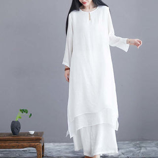 Buddha Gift 2Pcs Solid Color Midi Dress Wide Leg Pants Meditation Spiritual Zen Practice Yoga Dance Clothing