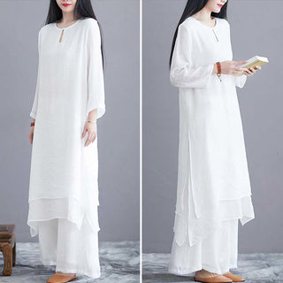 Buddha Gift 2Pcs Solid Color Midi Dress Wide Leg Pants Meditation Spiritual Zen Practice Yoga Dance Clothing