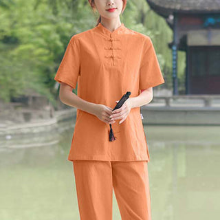 Buddha Gift 2Pcs Women's Short Sleeve Shirt Top T-Shirt Pants Meditation Zen Tai Chi Cotton Linen Clothing Set