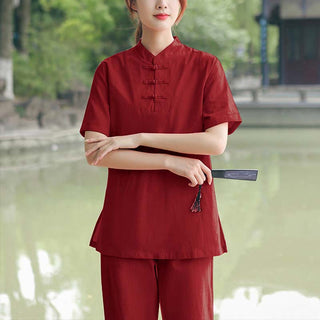 Buddha Gift 2Pcs Women's Short Sleeve Shirt Top T-Shirt Pants Meditation Zen Tai Chi Cotton Linen Clothing Set