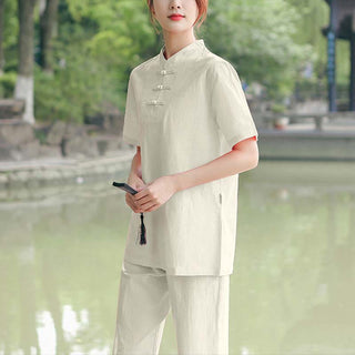 Buddha Gift 2Pcs Women's Short Sleeve Shirt Top T-Shirt Pants Meditation Zen Tai Chi Cotton Linen Clothing Set