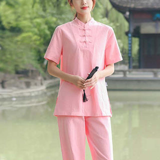 Buddha Gift 2Pcs Women's Short Sleeve Shirt Top T-Shirt Pants Meditation Zen Tai Chi Cotton Linen Clothing Set