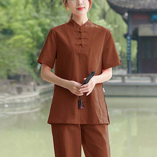 Buddha Gift 2Pcs Women's Short Sleeve Shirt Top T-Shirt Pants Meditation Zen Tai Chi Cotton Linen Clothing Set
