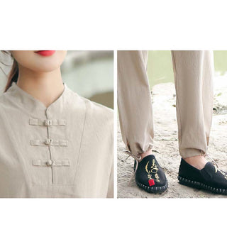 Buddha Gift 2Pcs Women's Short Sleeve Shirt Top T-Shirt Pants Meditation Zen Tai Chi Cotton Linen Clothing Set