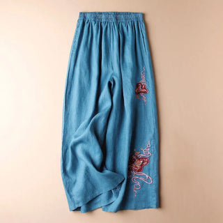 Buddha Gift Women Casual Loose Cotton Linen Embroidery Wide Leg Pants With Pockets