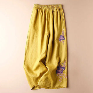 Buddha Gift Women Casual Loose Cotton Linen Embroidery Wide Leg Pants With Pockets
