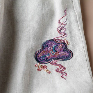 Buddha Gift Women Casual Loose Cotton Linen Embroidery Wide Leg Pants With Pockets