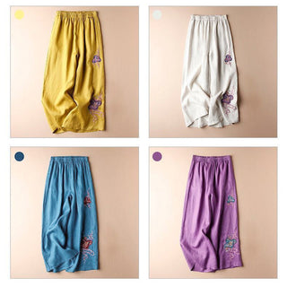 Buddha Gift Women Casual Loose Cotton Linen Embroidery Wide Leg Pants With Pockets