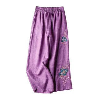 Buddha Gift Women Casual Loose Cotton Linen Embroidery Wide Leg Pants With Pockets