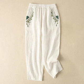 Buddha Gift Vintage Embroidery Elastic Waist Capri Harem Pants With Pockets