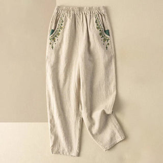 Buddha Gift Vintage Embroidery Elastic Waist Capri Harem Pants With Pockets