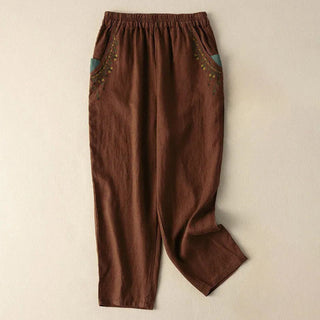 Buddha Gift Vintage Embroidery Elastic Waist Capri Harem Pants With Pockets