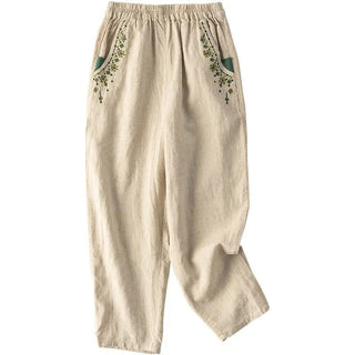 Buddha Gift Vintage Embroidery Elastic Waist Capri Harem Pants With Pockets