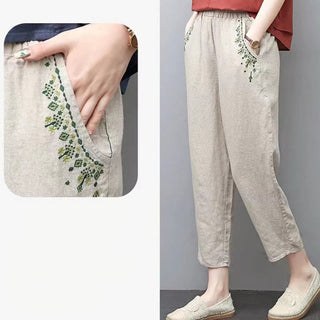 Buddha Gift Vintage Embroidery Elastic Waist Capri Harem Pants With Pockets