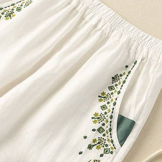 Buddha Gift Vintage Embroidery Elastic Waist Capri Harem Pants With Pockets