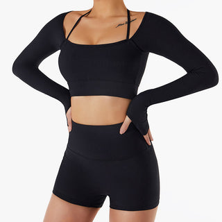 Buddha Gift Ribbed Long Sleeve Crop Top T-shirt Shorts Sports Fitness Gym Yoga Outfits