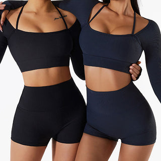 Buddha Gift Ribbed Long Sleeve Crop Top T-shirt Shorts Sports Fitness Gym Yoga Outfits