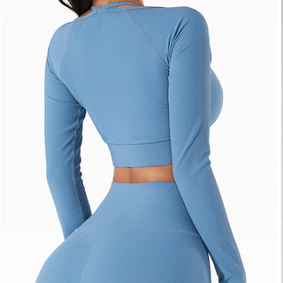 Buddha Gift Ribbed Long Sleeve Crop Top T-shirt Shorts Sports Fitness Gym Yoga Outfits