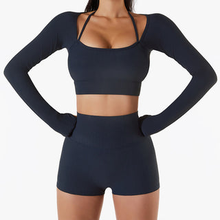 Buddha Gift Ribbed Long Sleeve Crop Top T-shirt Shorts Sports Fitness Gym Yoga Outfits