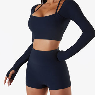 Buddha Gift Ribbed Long Sleeve Crop Top T-shirt Shorts Sports Fitness Gym Yoga Outfits