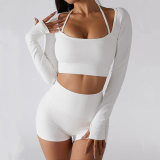 Buddha Gift Ribbed Long Sleeve Crop Top T-shirt Shorts Sports Fitness Gym Yoga Outfits