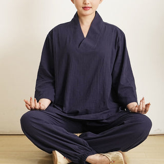 Buddha Gift 2Pcs V-Neck Three Quarter Sleeve Shirt Top Pants Meditation Zen Tai Chi Cotton Linen Clothing Women's Set