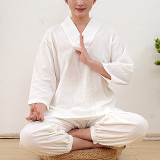 Buddha Gift 2Pcs V-Neck Three Quarter Sleeve Shirt Top Pants Meditation Zen Tai Chi Cotton Linen Clothing Women's Set