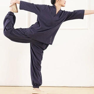 Buddha Gift 2Pcs V-Neck Three Quarter Sleeve Shirt Top Pants Meditation Zen Tai Chi Cotton Linen Clothing Women's Set