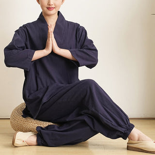 Buddha Gift 2Pcs V-Neck Three Quarter Sleeve Shirt Top Pants Meditation Zen Tai Chi Cotton Linen Clothing Women's Set
