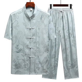 Buddha Gift Dragon Pattern Tang Suit Hanfu Traditional Uniform Short Sleeve Top Pants Clothing Men's Set