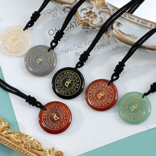 Buddha Gift Vairocana Tathagata Sanskrit Mantra Various Crystal Black Obsidian Green Aventurine Strength Necklace Pendant