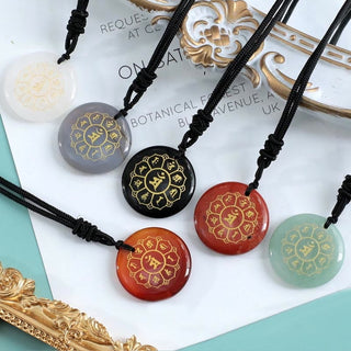 Buddha Gift Om Mani Padme Hum Natural Various Crystal Black Obsidian Strength Necklace Pendant