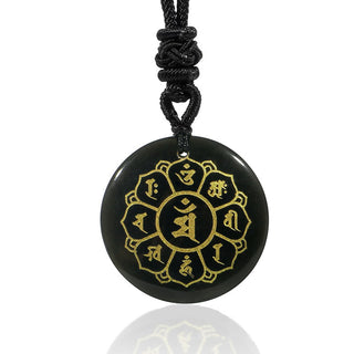 Buddha Gift Om Mani Padme Hum Natural Various Crystal Black Obsidian Strength Necklace Pendant