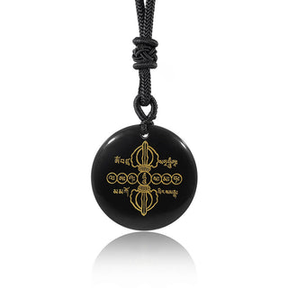 Buddha Gift Vajra Dorje Sanskrit Pattern Natural Various Crystal Black Obsidian Fulfilment Necklace Pendant