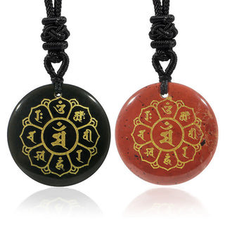 Buddha Gift Om Mani Padme Hum Natural Various Crystal Black Obsidian Strength Necklace Pendant